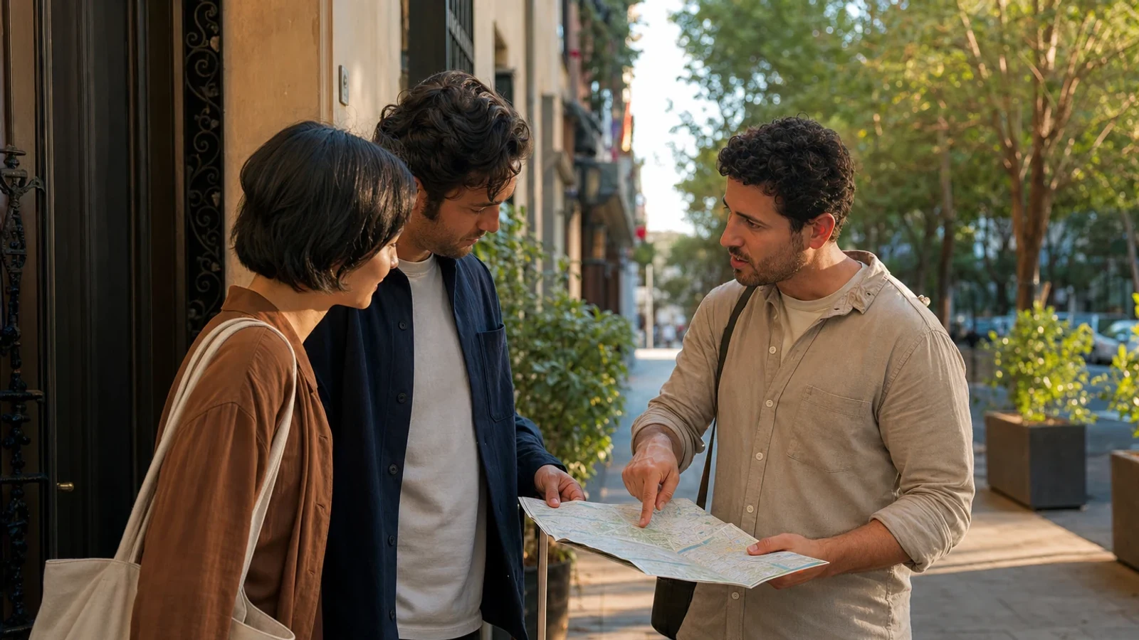 Host orienting two arriving guests with a paper map outside their stay in a walkable neighborhood.
