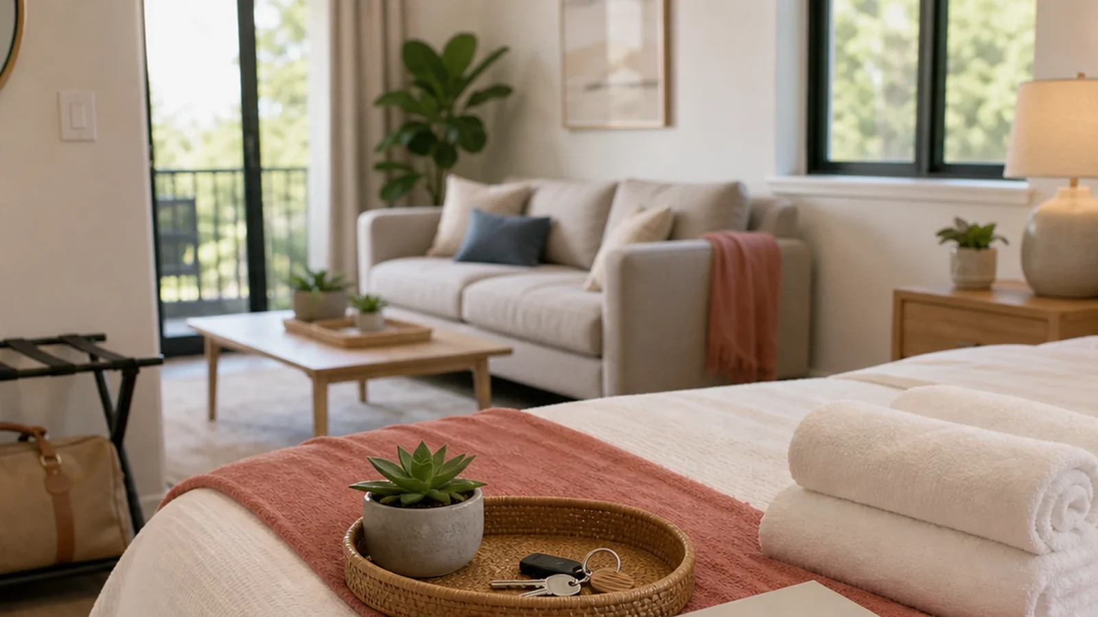 Prepared guest stay with towels, luggage, local guide, and warm home details.
