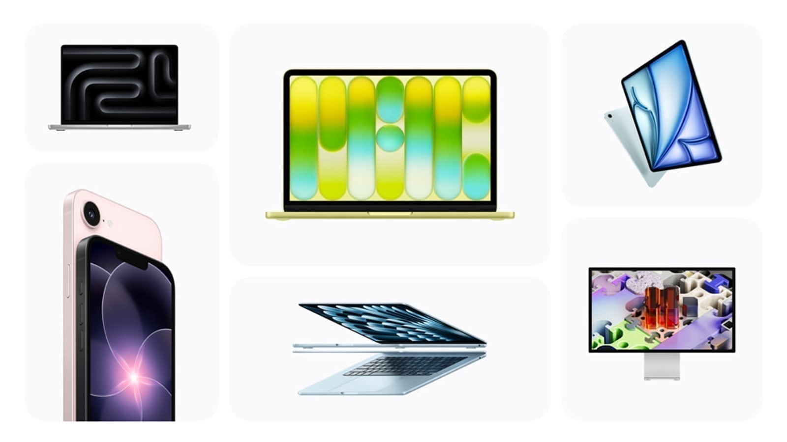 Apple 2026 product family including current Mac, iPad, display, and iPhone hardware photographed by Apple.