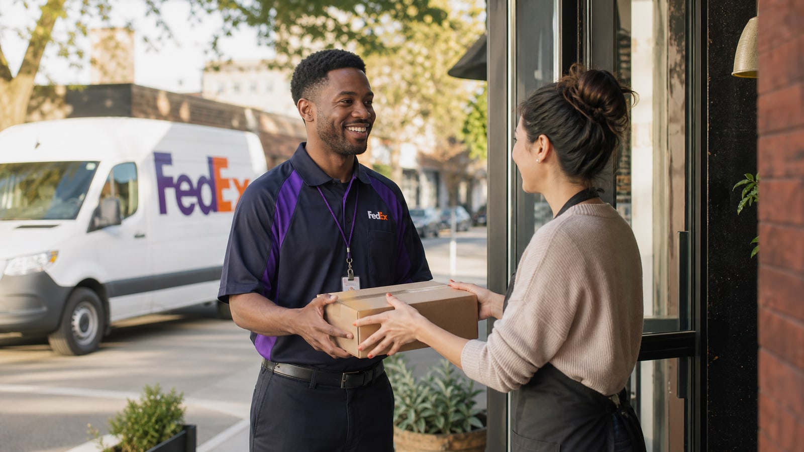 FedEx courier handing a parcel to a small-business owner at a storefront.