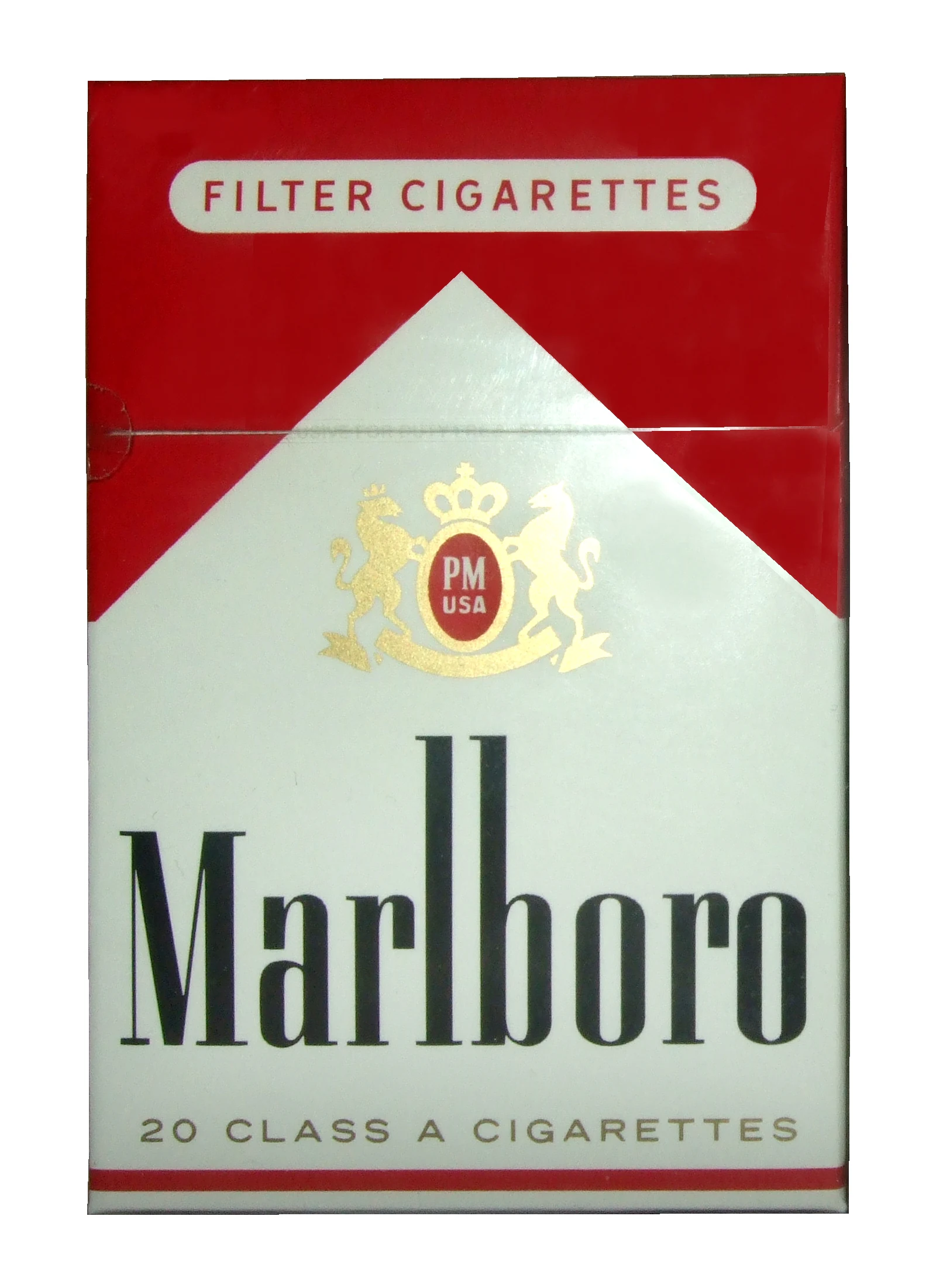 Marlboro cigarette pack with a black serif wordmark and a red-and-white package field.