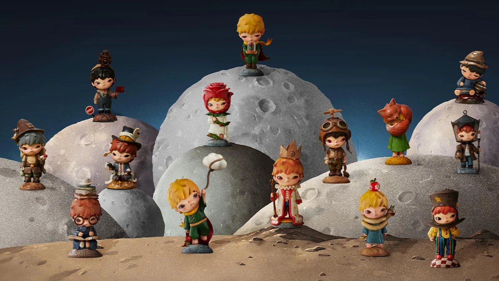 HIRONO figures dressed as characters from Le Petit Prince on a moon and desert set.