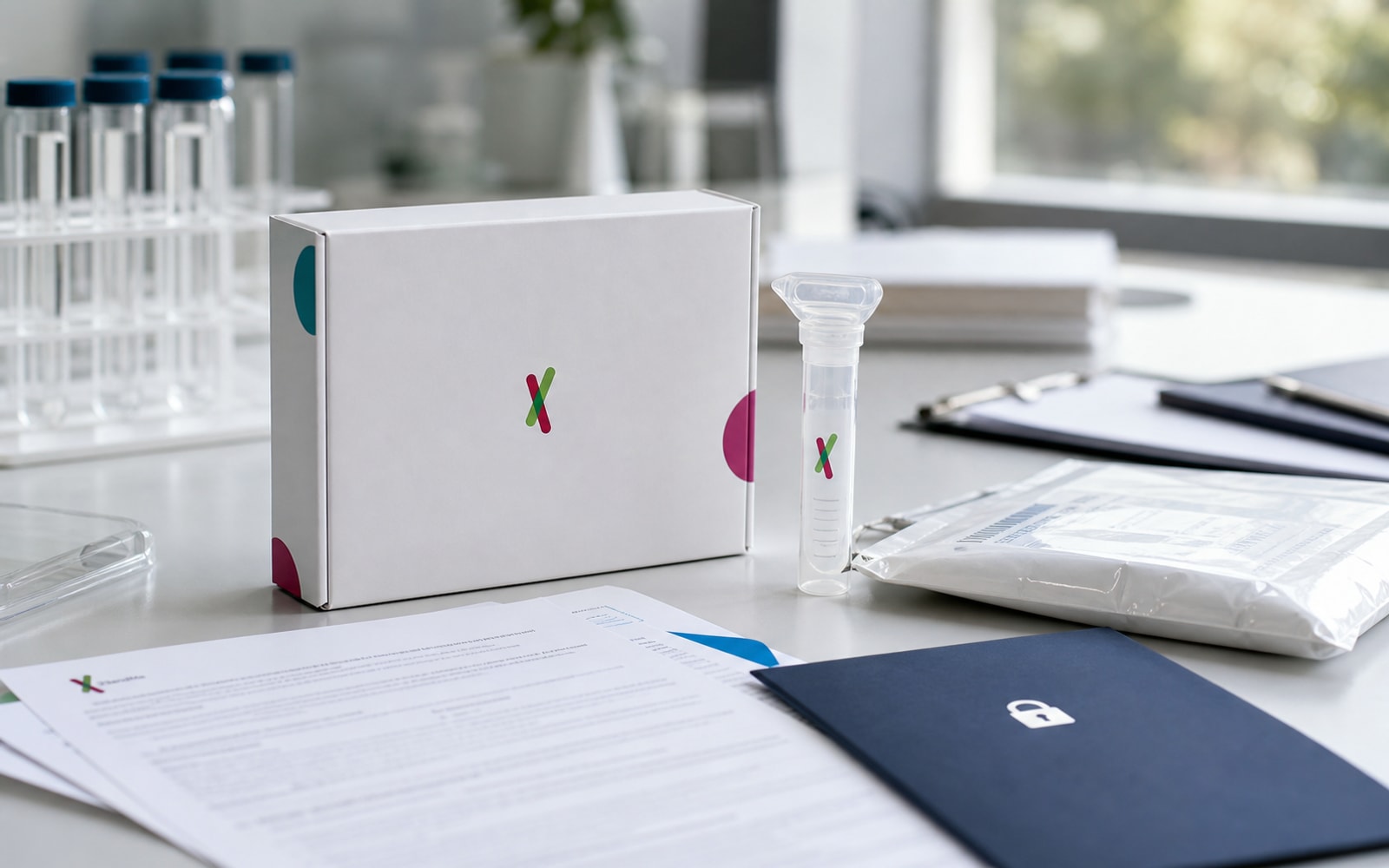 A realistic 23andMe-style DNA kit, sample tube, consent paperwork, privacy folder, and lab-office work surface.