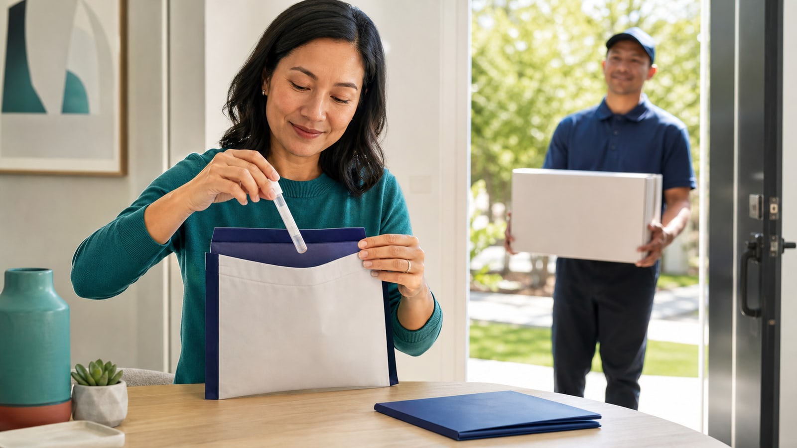 A customer places a sealed genetic sample tube into a secure return mailer while a courier waits at the door.
