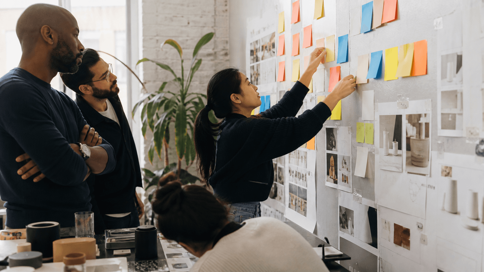 Organized workspace using removable notes and hanging solutions without visible logos.