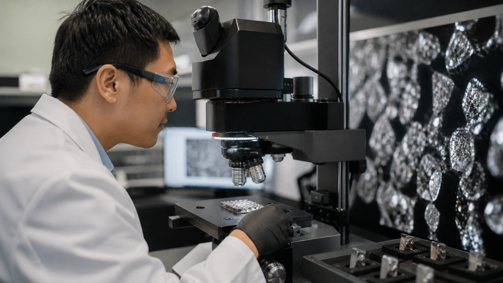 Materials scientist examining a sample under a microscope beside magnified material structures without visible branding.