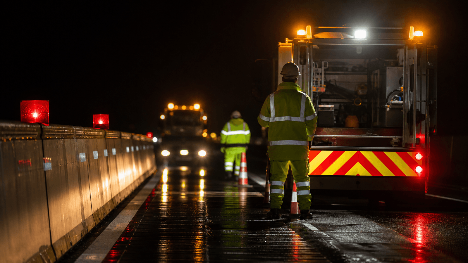 Road worker inspecting reflective traffic material under controlled light without visible branding.