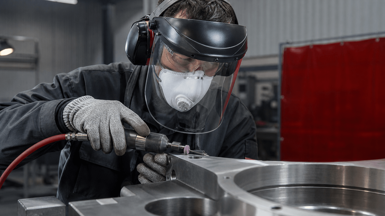 Machining specialist using a precision rotary tool while wearing a face shield, respirator, hearing protection, and gloves without visible branding.