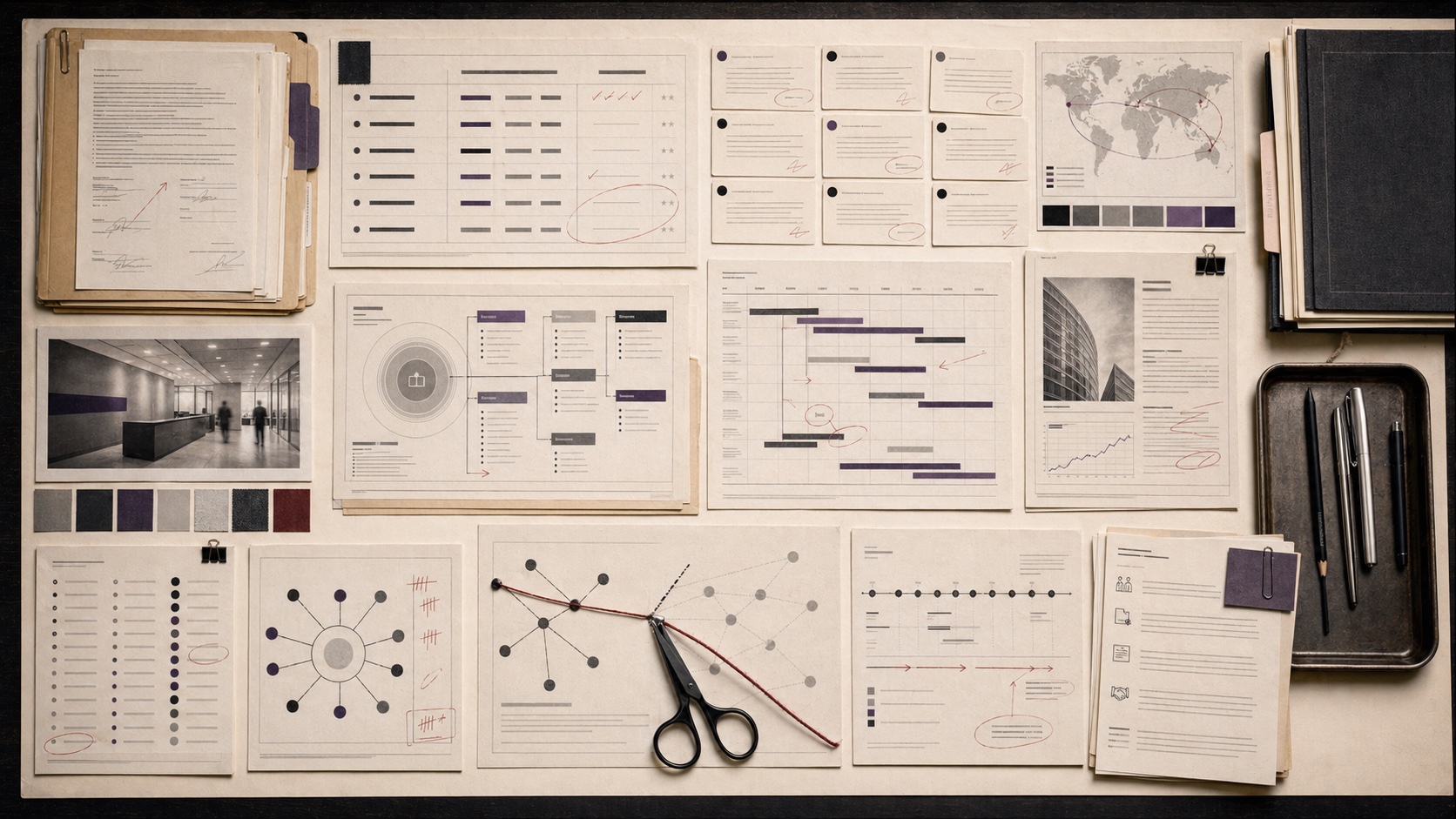 Premium editorial archive still-life of consulting rename files, legal separation folders, naming shortlist boards, global launch calendars, client transition notes, and a cut reputation-risk thread