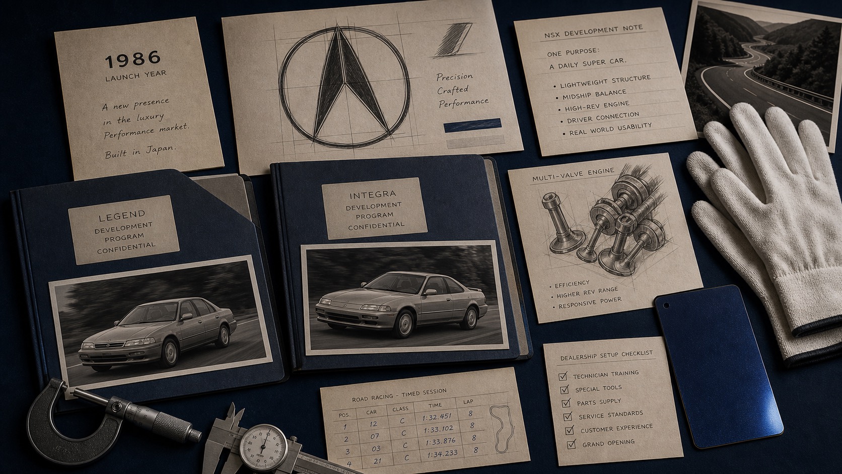 Premium editorial archive still-life of an Acura precision-crafted performance case with angular emblem study, 1986 launch card, Legend and Integra folders, NSX note, inspection gloves, engine valve sketch, racing timing slip, blue paint swatch, and dealership setup checklist