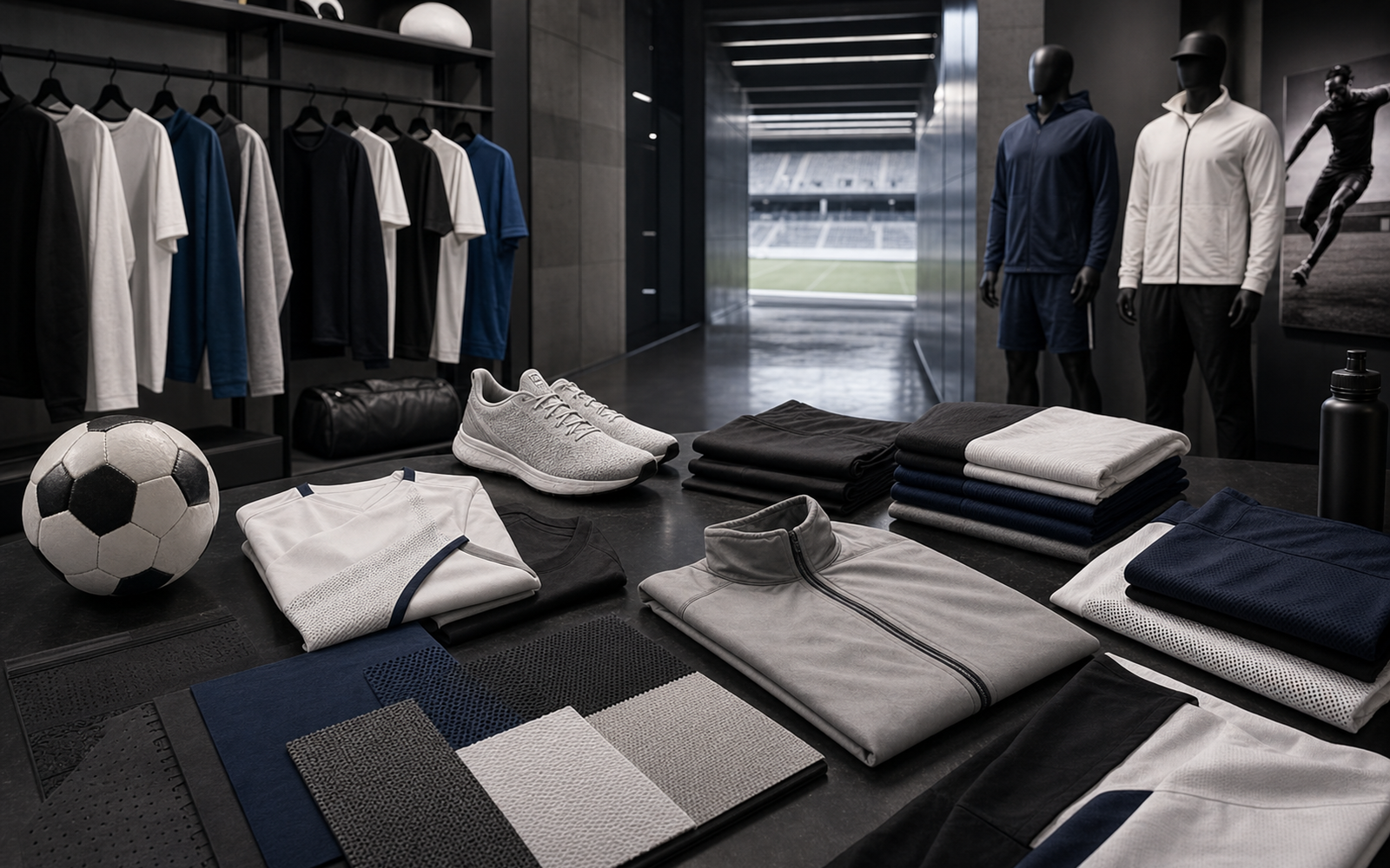 Photorealistic sportswear product-development table with unbranded running shoes, football boots, track materials, fabric swatches, stopwatch, calipers, and blank product notes.