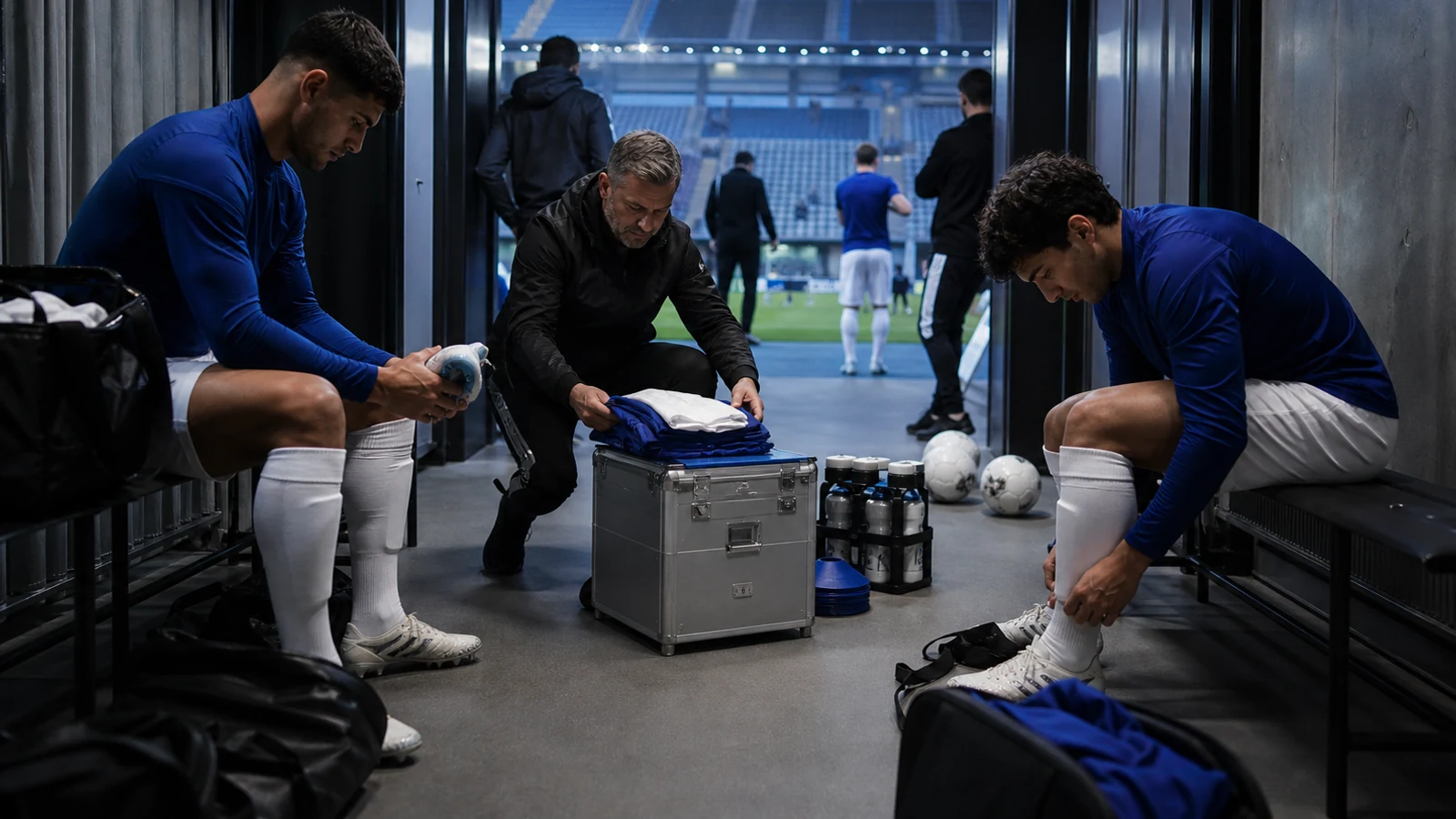 Players and kit staff preparing equipment in a stadium tunnel.