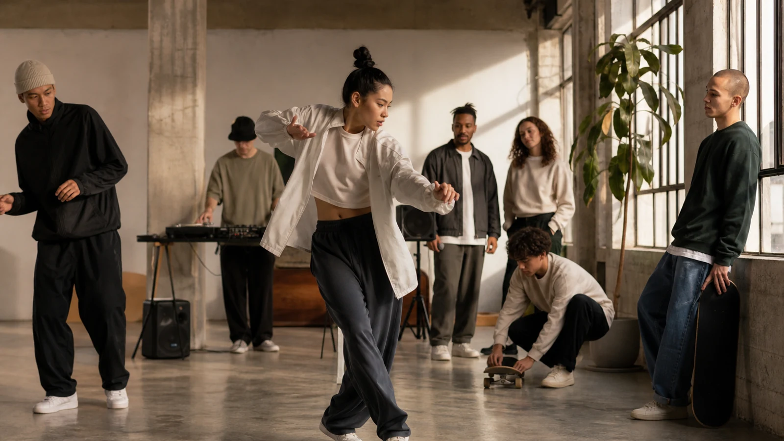 Dancers and skateboarders rehearsing in an unbranded urban studio.