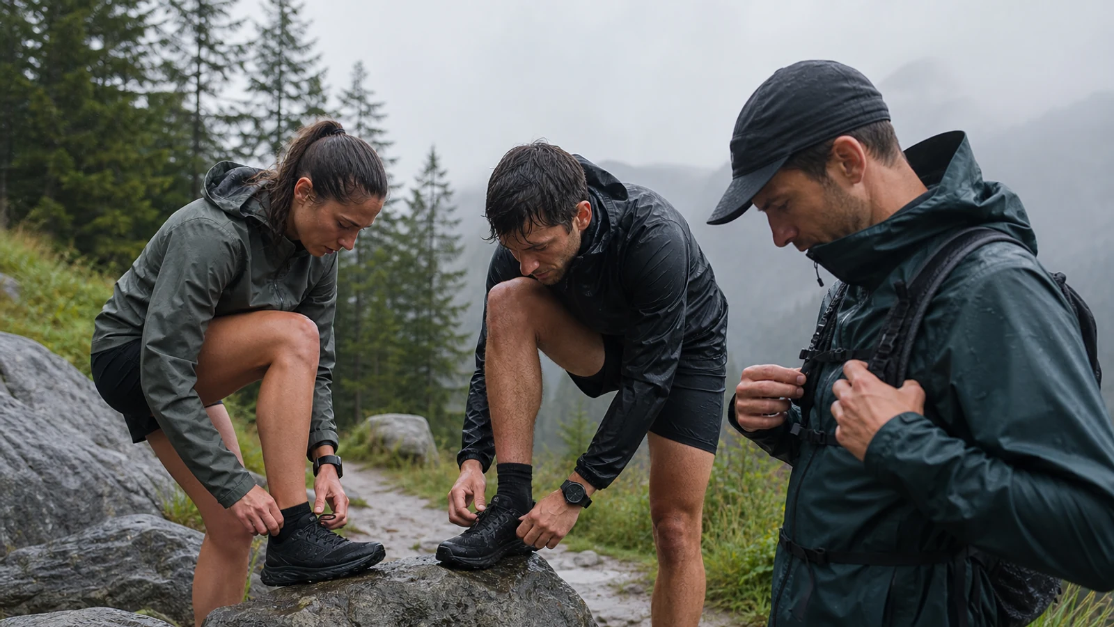 Trail runners and a product tester checking footwear and pack fit in wet mountain conditions.