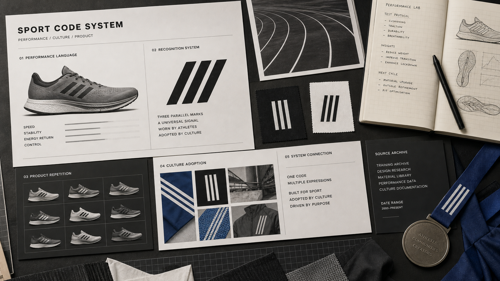 Premium editorial archive still-life of an Adidas sport-code system case with running shoe card, three parallel training-mark analysis card, track lane sheet, kit fabric swatches, performance lab notebook, culture card, medal ribbon, and black source-reference card