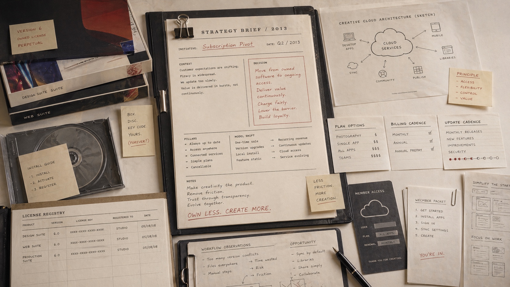 Premium editorial archive still-life of boxed software artifacts shifting into cloud subscription and access cards