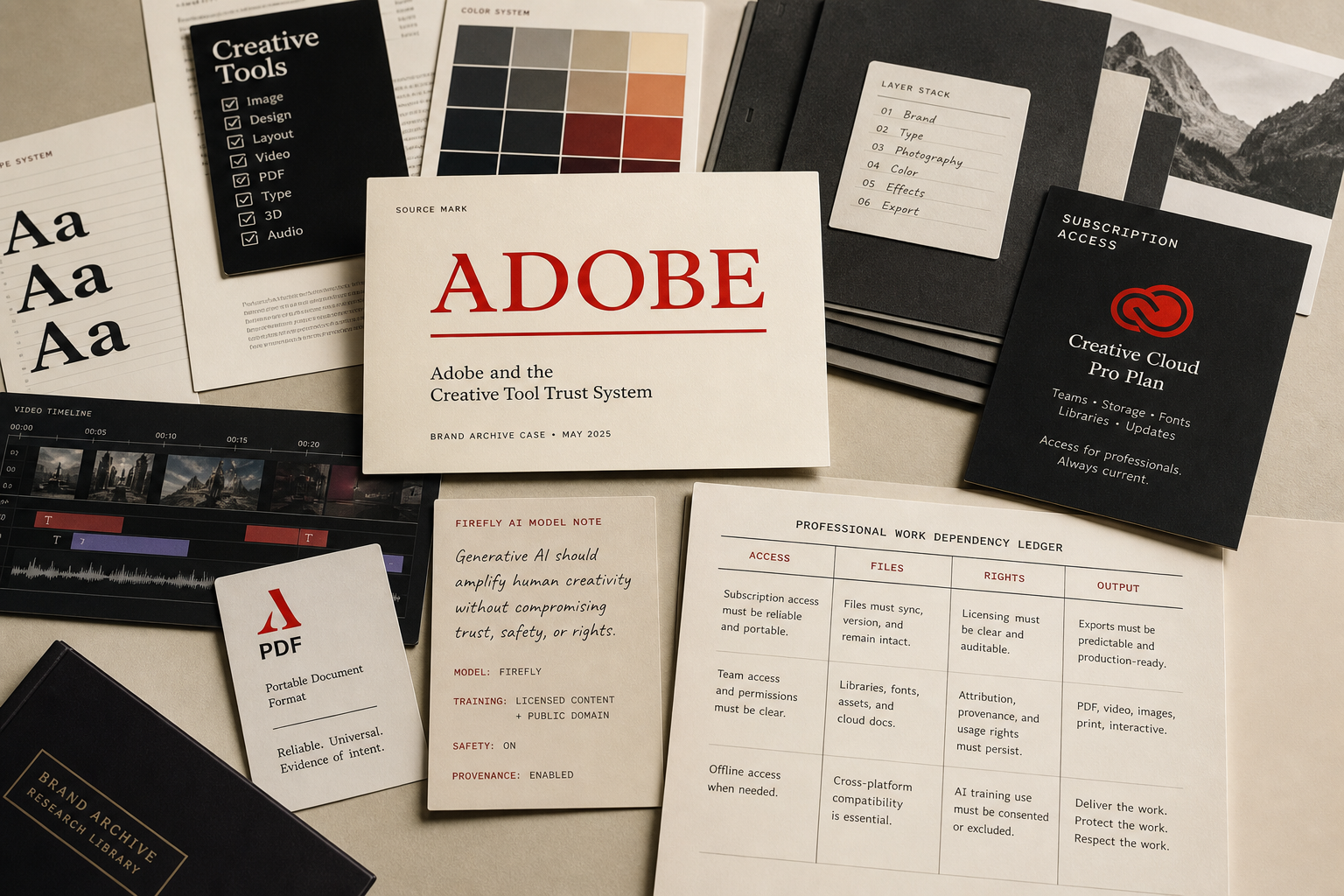 Premium editorial archive still-life of an Adobe brand system case with Adobe source-mark card, creative tool checklist, color swatches, typography sheet, timeline strip, PDF card, Creative Cloud access card, Firefly AI note, and work dependency ledger