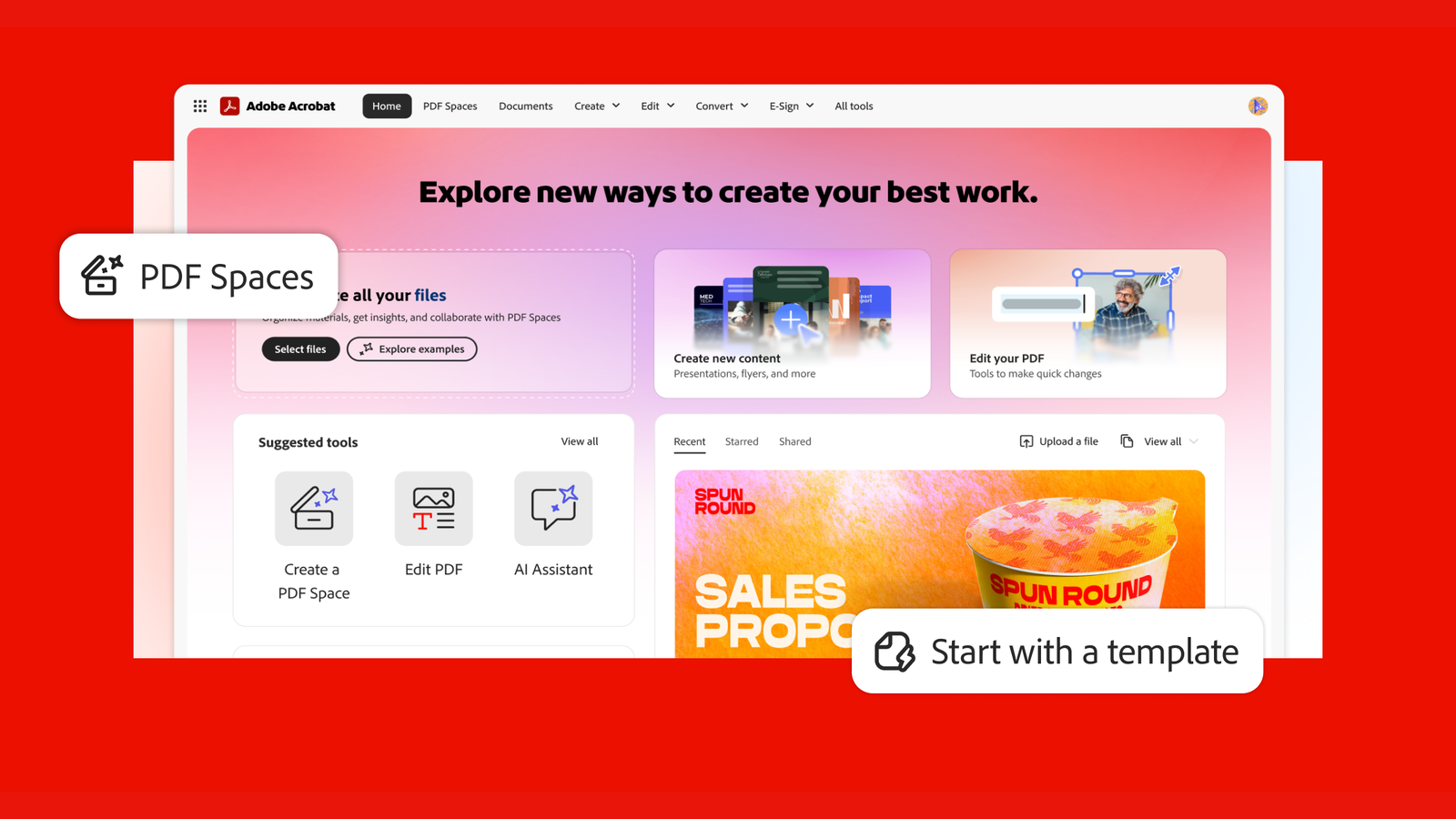 Official Adobe Acrobat product surface showing PDF Spaces, document editing, AI assistance, and review tools.