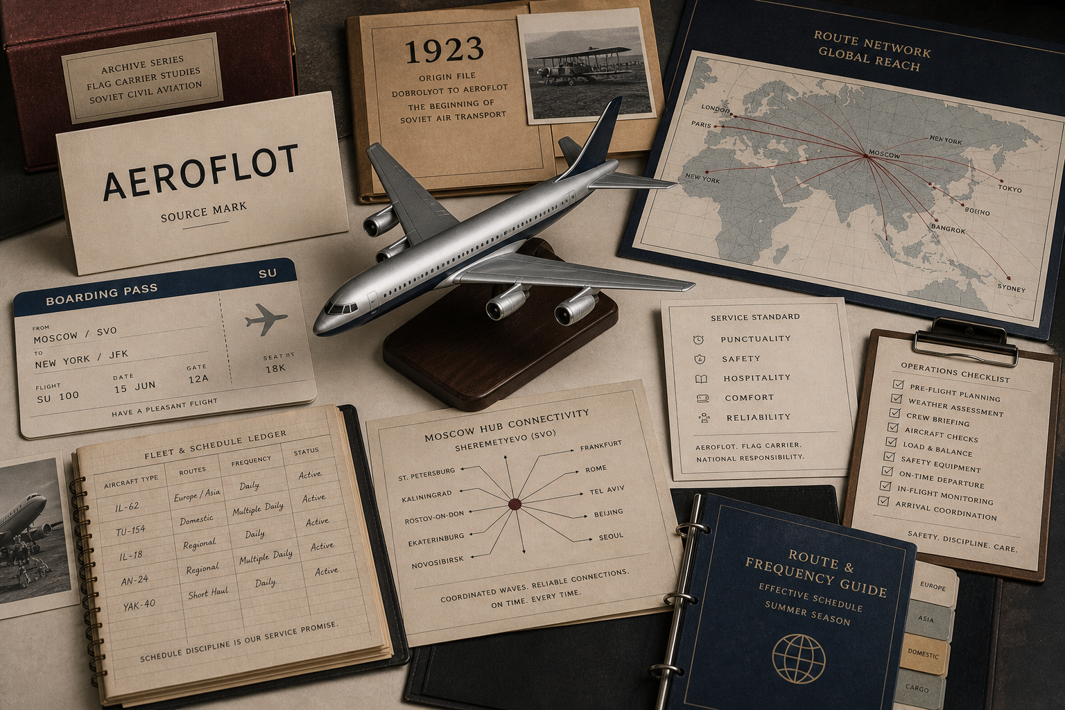 Premium editorial archive still-life of an Aeroflot flag carrier case with source-mark card, aircraft model, route map, boarding pass dummy, 1923 origin file, fleet schedule ledger, service standard card, and operations checklist