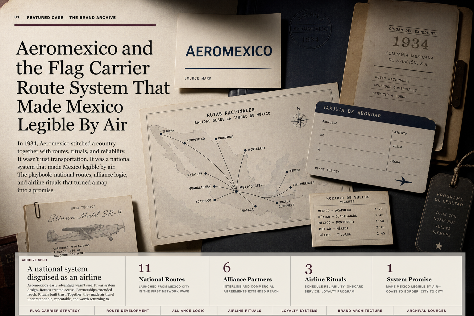 Premium editorial archive still-life of an Aeromexico flag carrier route case with source-mark card, aircraft tail silhouette, Mexico route map, blank boarding pass, schedule card, 1934 origin file, Stinson aircraft note, and loyalty tag