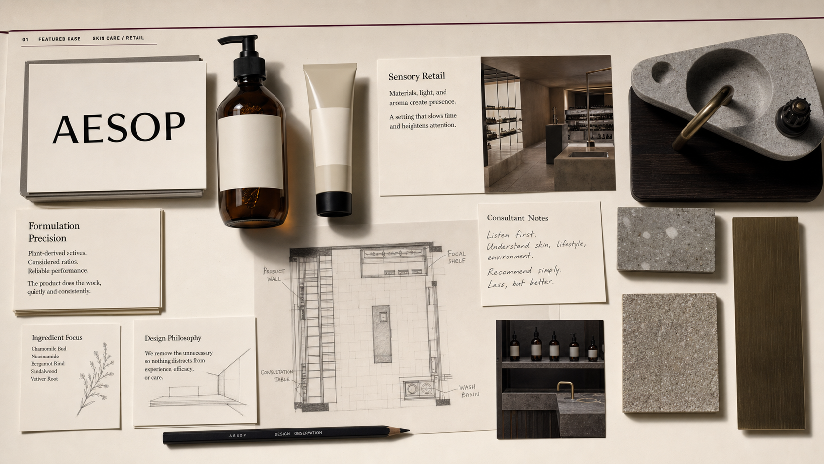 Premium editorial archive still-life of an Aesop sensory skin-care retail case with source-mark card, amber bottle, tube, ingredient notes, store plan, material swatches, basin detail, and consultant card