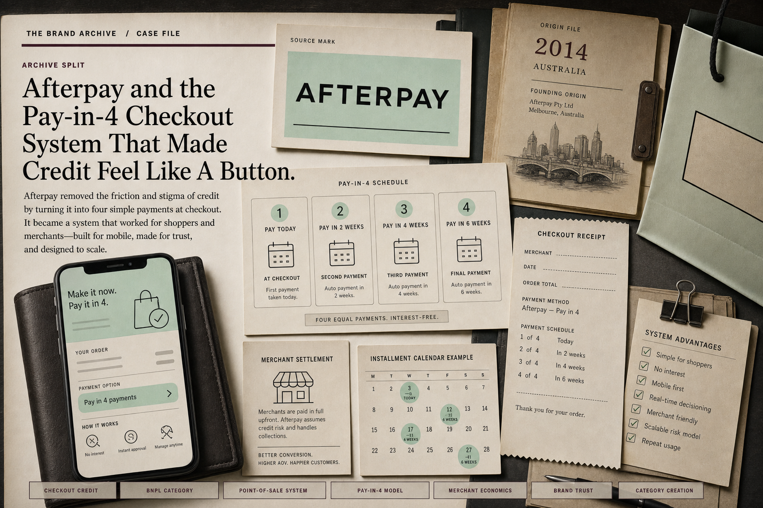 Premium editorial archive still-life of an Afterpay Pay-in-4 checkout case with source-mark card, four-payment schedule cards, blank checkout receipt, shopping bag, app screen mockup, merchant settlement note, 2014 origin file, and installment calendar