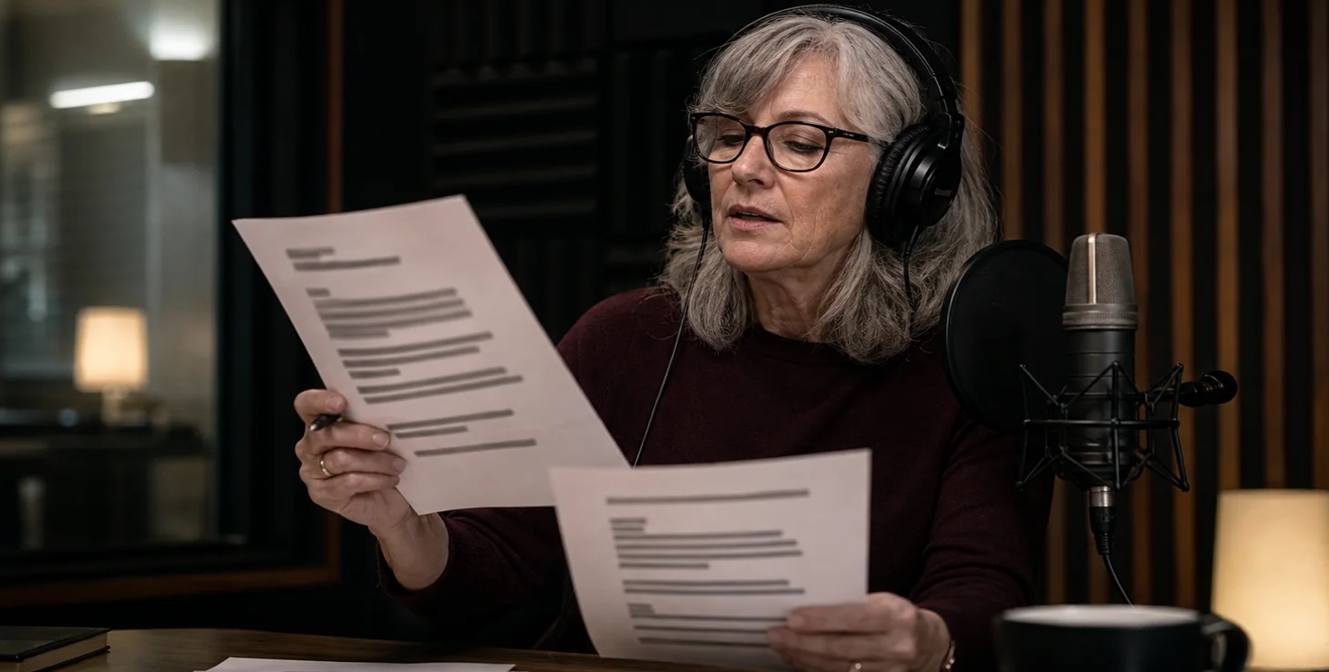 A voice professional reviewing source pages before recording, showing how written facts are compressed into a spoken description.