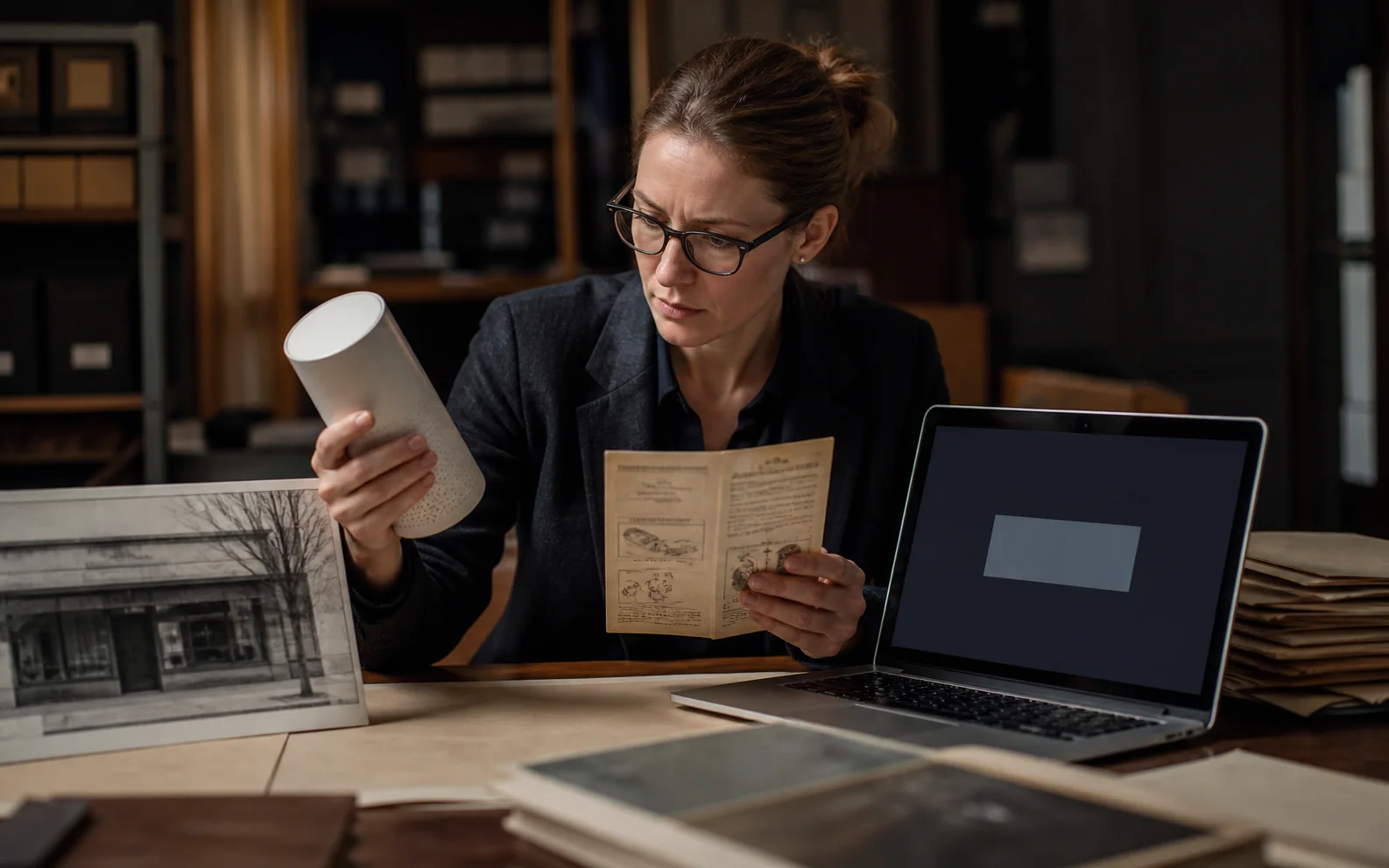 Archivist comparing an old product record, obsolete leaflet, storefront photograph, and current digital status.