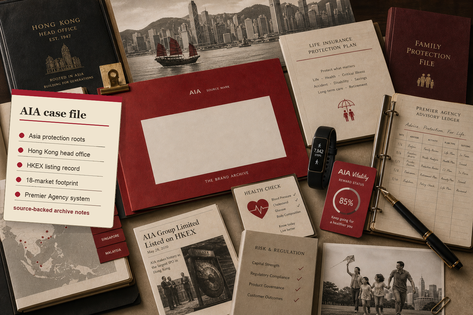 Premium AI-generated archive-table still-life for the AIA case with Hong Kong skyline, red AIA source-mark folder, life insurance protection plan, family protection file, Premier Agency advisory ledger, Vitality reward card, health check card, Asia-Pacific market tabs, and risk regulation folder