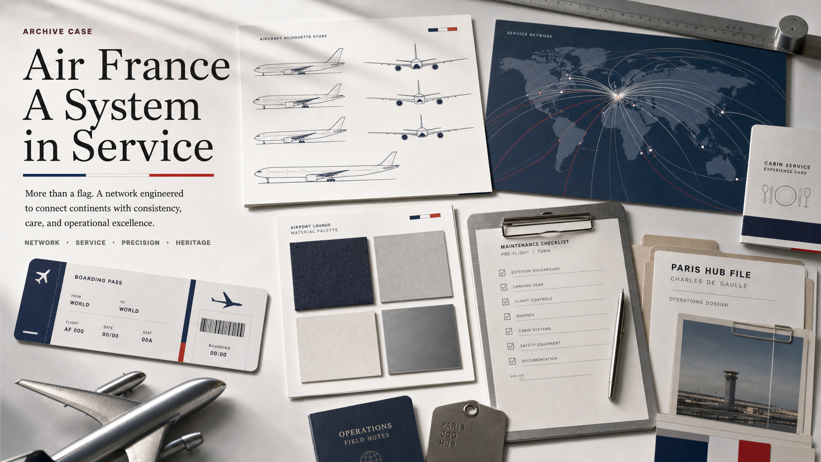 Premium editorial archive still-life of an Air France flag-carrier service case with aircraft silhouette study, route map, boarding pass dummy, cabin service card, lounge swatches, maintenance checklist, and Paris hub file