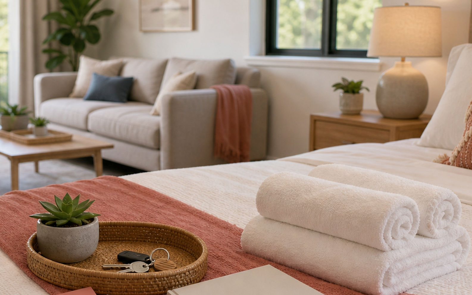 Prepared stay surface with clean linens, guest guide, keys, and arrival details.