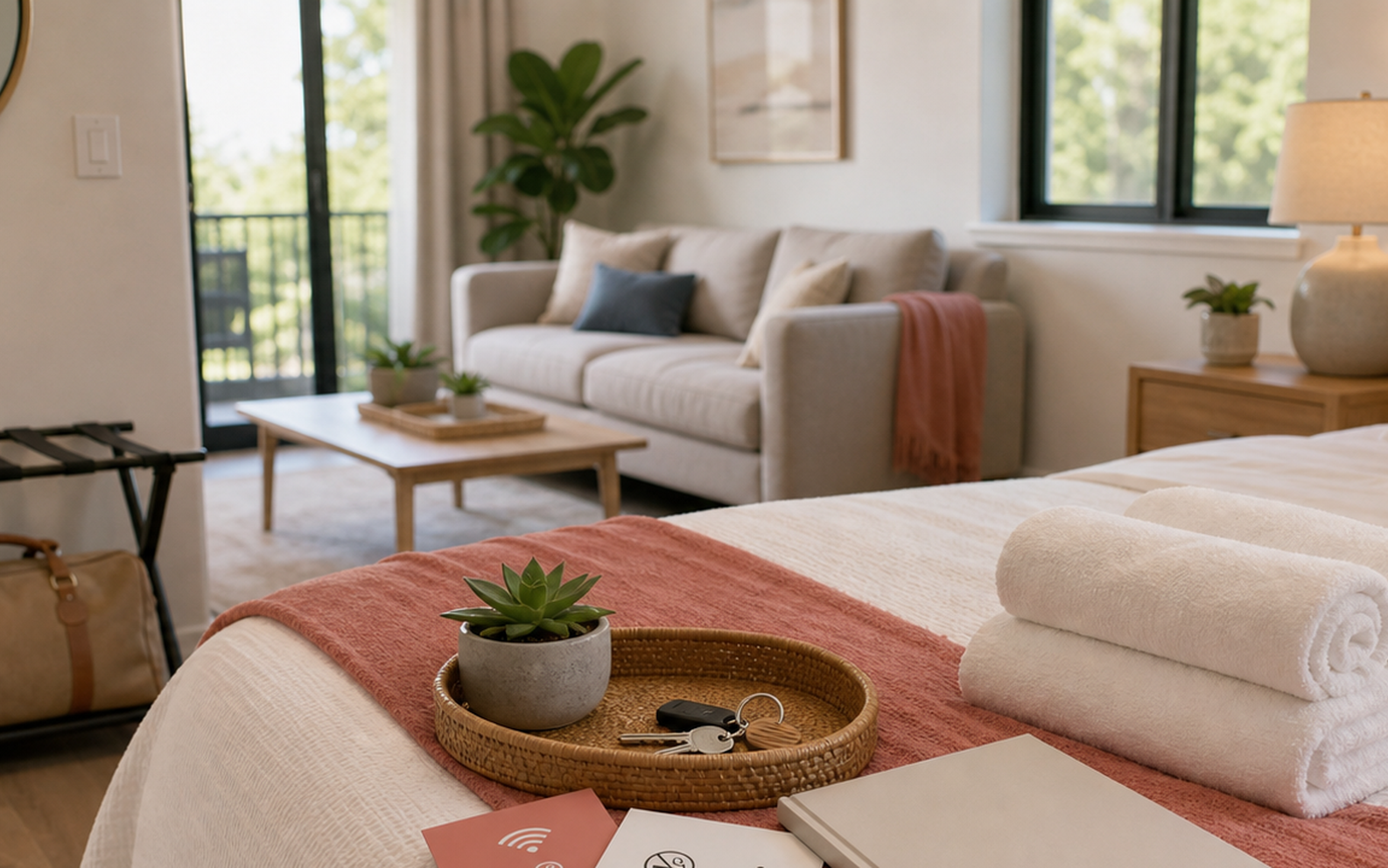 Prepared guest stay with towels, luggage, local guide, and warm home details.