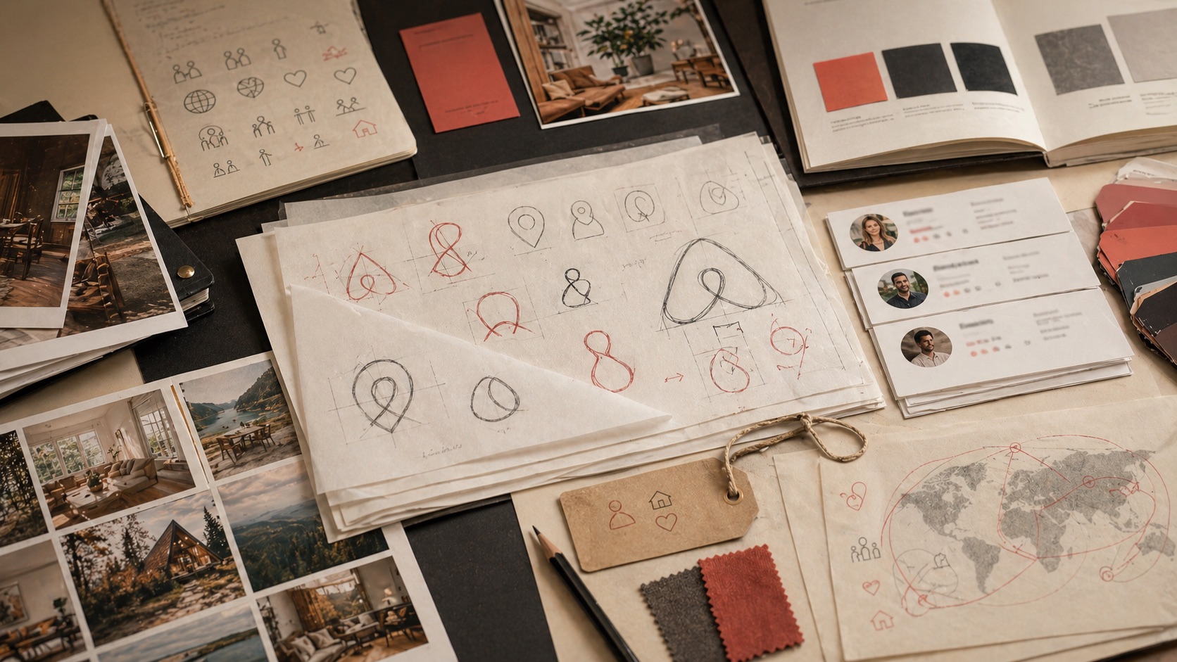 Generated hospitality identity system with symbol sketches, travel photography, host cards, and color proofs
