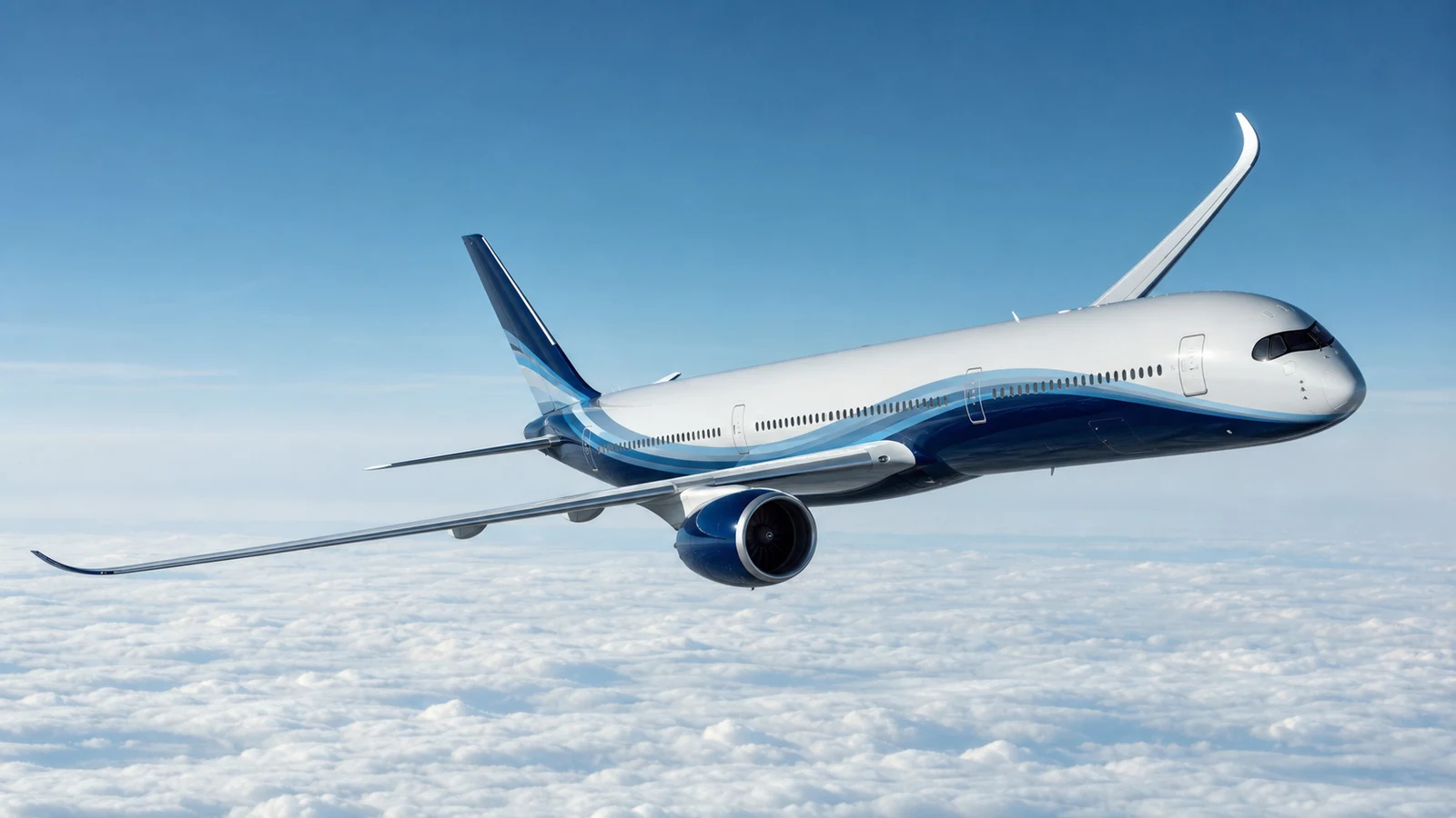 Modern A350-class widebody banking above clouds in a restrained manufacturer test-flight livery.