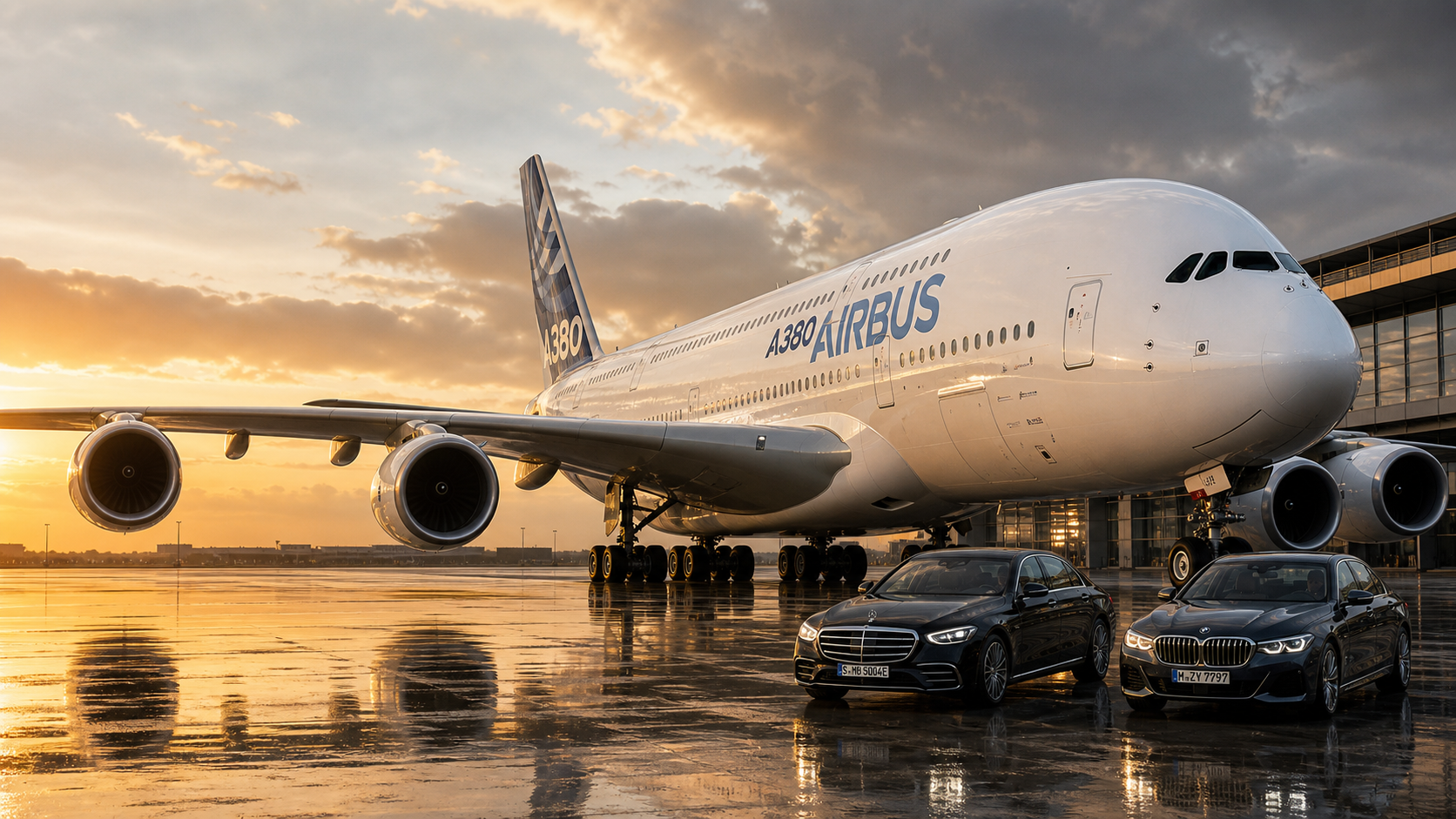 Generated Airbus A380 apron scene with Airbus markings and European cars for scale.