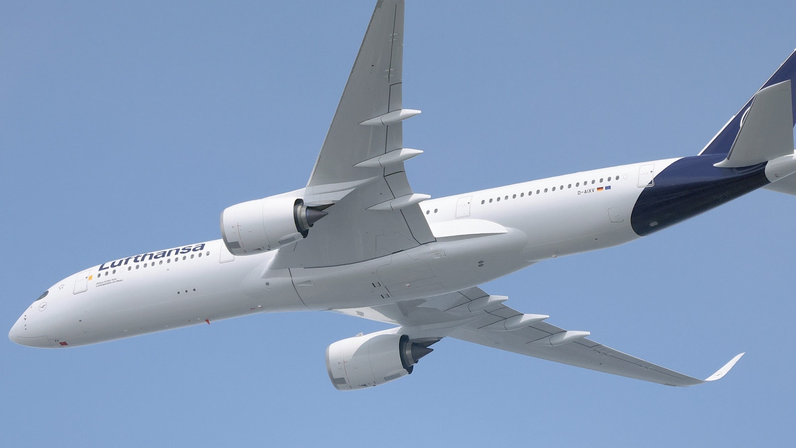 Airbus-built A350 aircraft on a factory transfer flight before entering Lufthansa service.