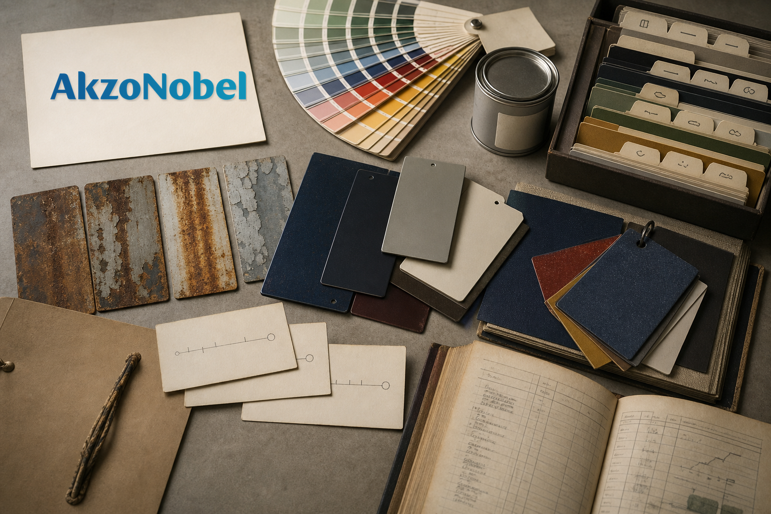 Premium editorial archive still-life of an AkzoNobel color coatings case with AkzoNobel source-mark card, paint color fan deck, coated metal test panels, unlabeled paint tin, powder-coat chips, weathering test cards, Sikkens origin folder, merger note, acquisition note, brand portfolio tabs, and durability ledger