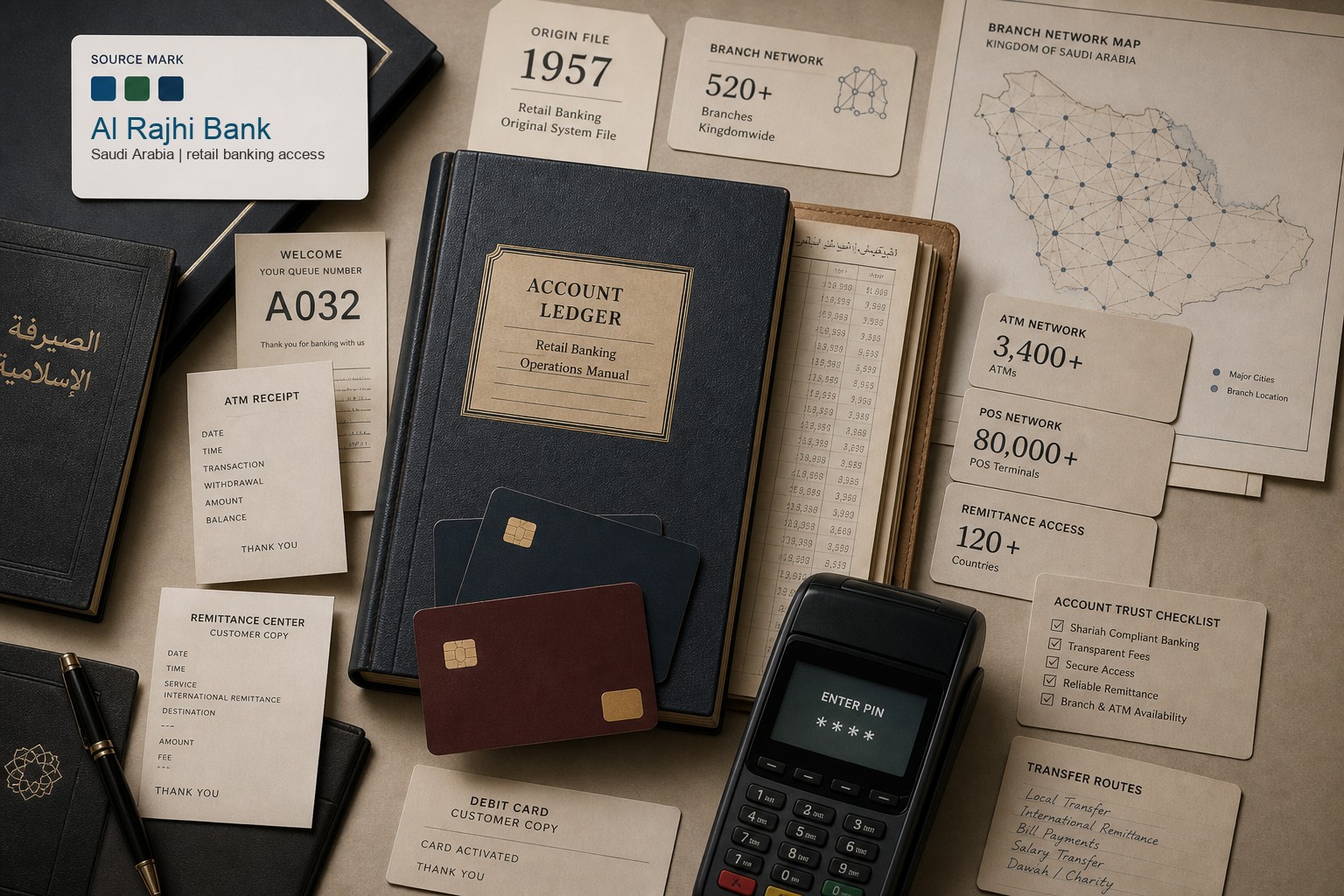 Premium editorial archive still-life of an Al Rajhi Bank branch and remittance trust case with source-mark card, 1957 origin file, debit card blanks, ATM receipt, remittance center ticket, Saudi branch network map, POS terminal, account ledger, and trust checklist