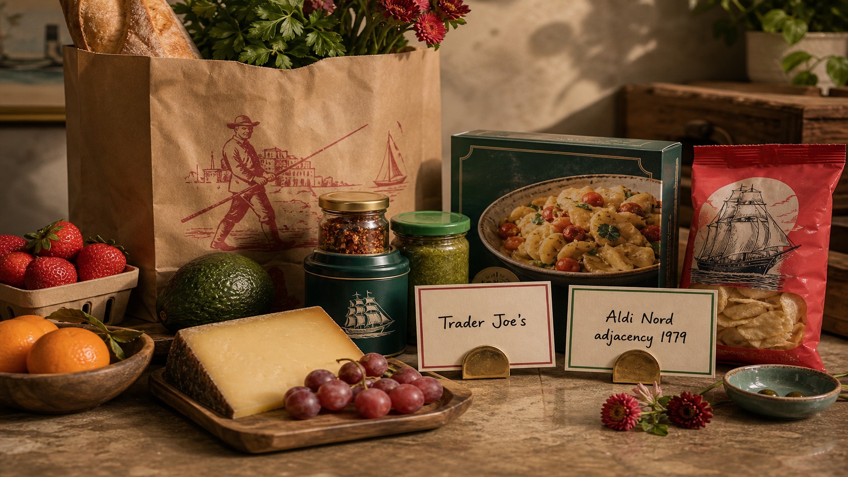 Premium editorial Trader Joe's private-label grocery still-life with Aldi Nord adjacency card and neighborhood grocery cues
