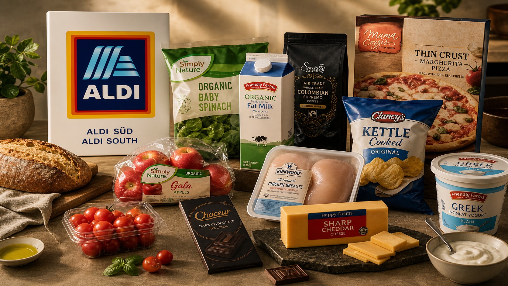 Premium editorial still-life of an ALDI Süd and ALDI SOUTH private-label grocery system with ALDI Süd source-card, bread, apples, tomatoes, spinach, milk, cheese, chocolate, coffee, pizza, yogurt, chips, and ALDI house-brand packaging cues