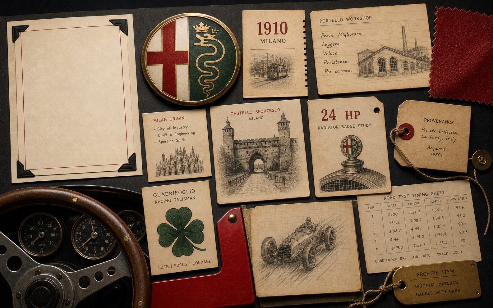 Premium editorial archive still-life of an Alfa Romeo Milan badge case with split red-cross and serpent badge study, 1910 Milan card, Portello workshop note, 24 HP radiator badge card, Castello Sforzesco sketch, Quadrifoglio card, steering wheel, red bodywork swatch, and road-test timing sheet