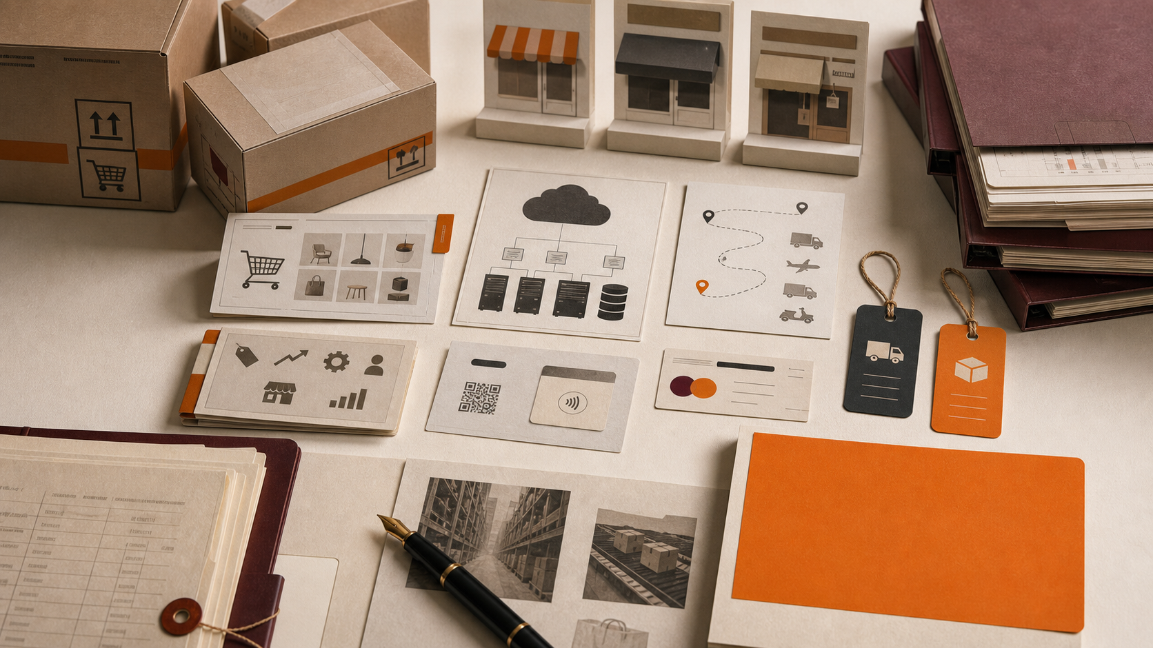 Premium editorial archive still-life of an Alibaba commerce infrastructure case with parcel boxes, storefront cards, merchant tools, cloud diagram cards, logistics route tags, payment artifacts, and orange source-mark card