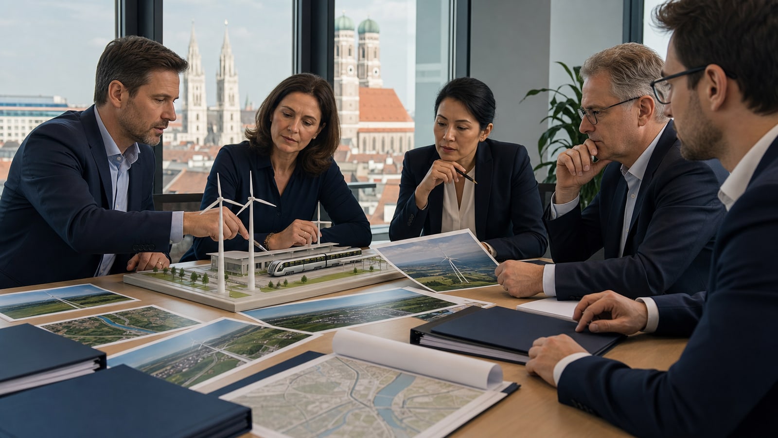 Institutional investment team reviewing a physical wind and transit infrastructure model.