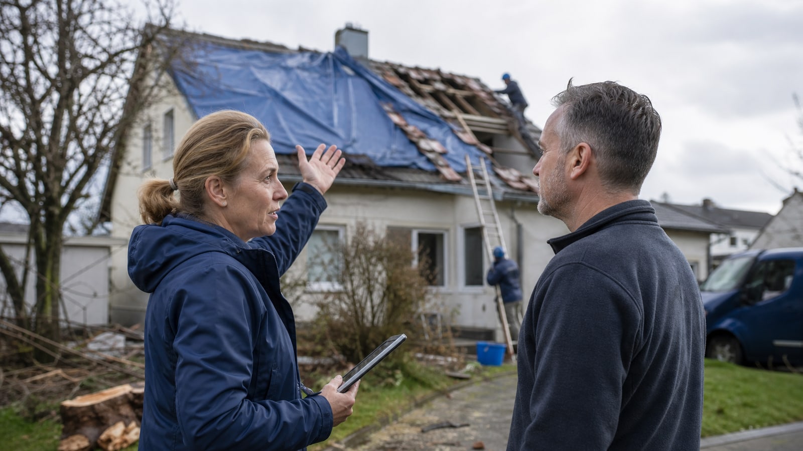 Claims specialist and homeowner inspecting storm damage at a house.