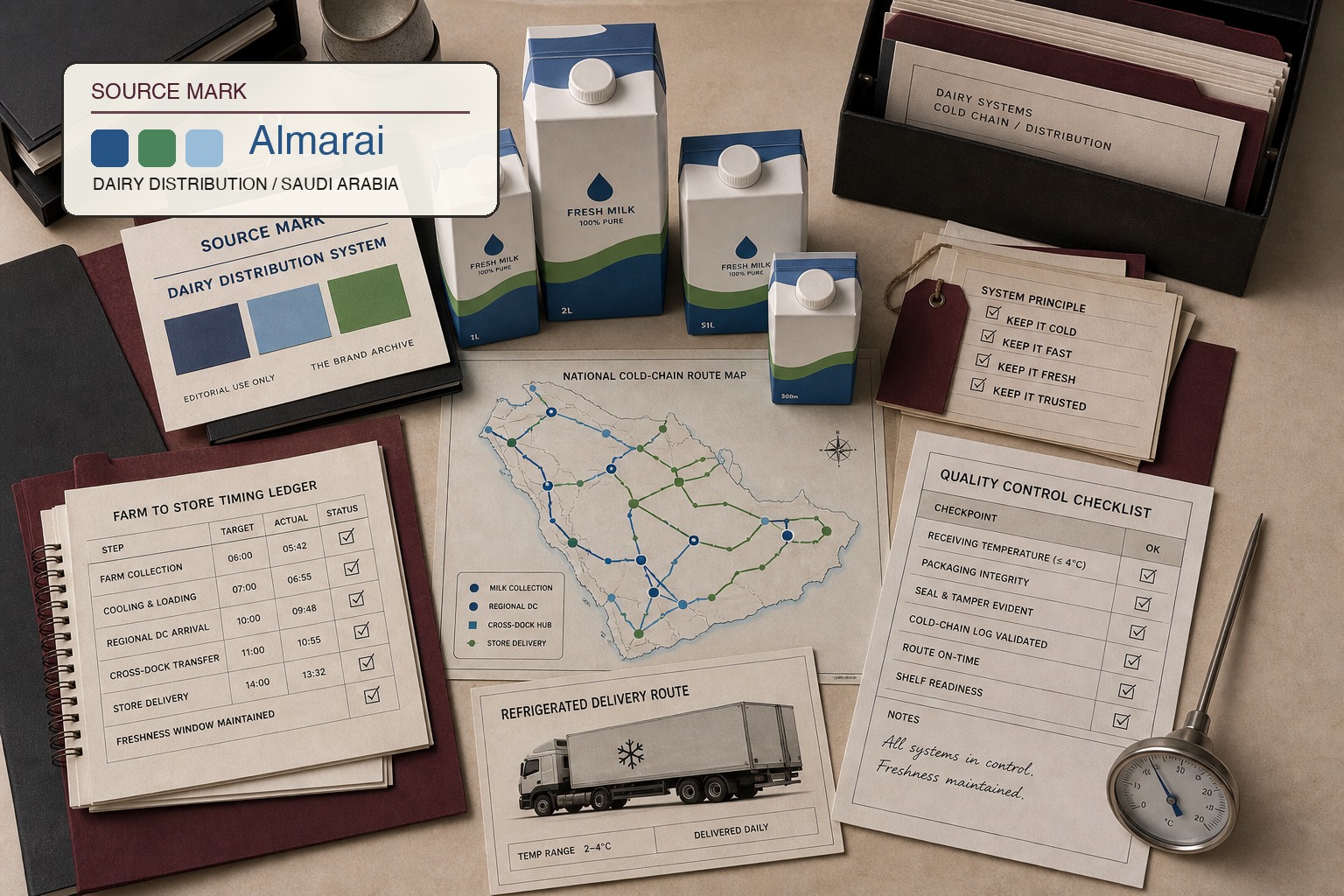 Premium editorial archive still-life of an Almarai dairy distribution case with source-mark card, milk carton silhouettes, Saudi cold-chain route map, refrigerated delivery card, farm-to-store timing ledger, quality control checklist, and temperature gauge