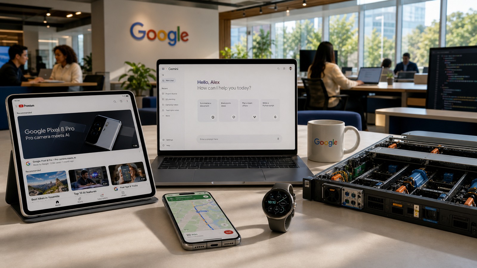 Google workplace proof visual with Gemini-style AI, cloud hardware, YouTube, Maps, Pixel, and product-team work surfaces.