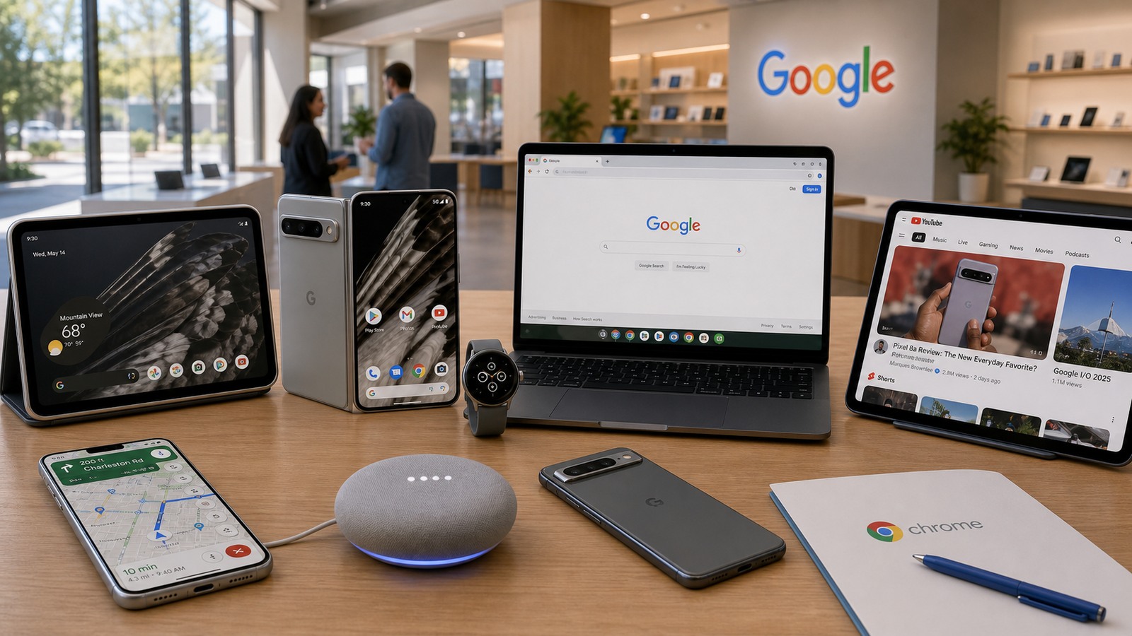Google product demo visual with Android devices, Pixel hardware, YouTube, Maps, Search, Chrome, and a product showcase space.