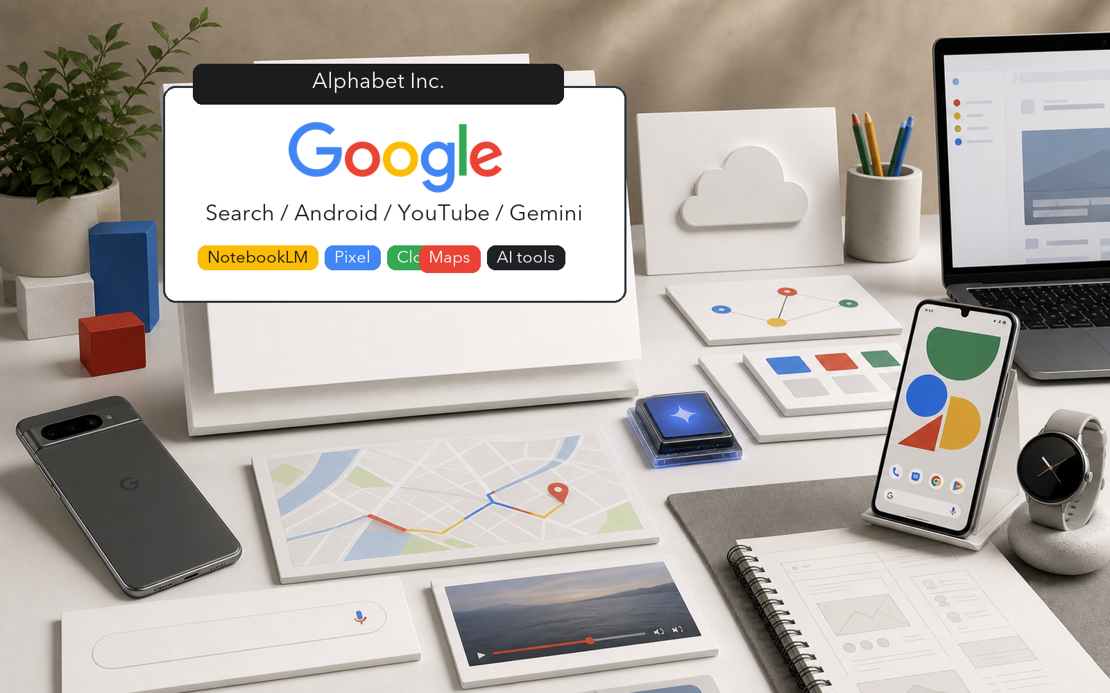 Photorealistic Alphabet and Google company-system desk with official Google source mark, Alphabet Inc. label, Android phone, Search, YouTube, Gemini, NotebookLM, Pixel, Cloud, Maps, and AI tool cues.
