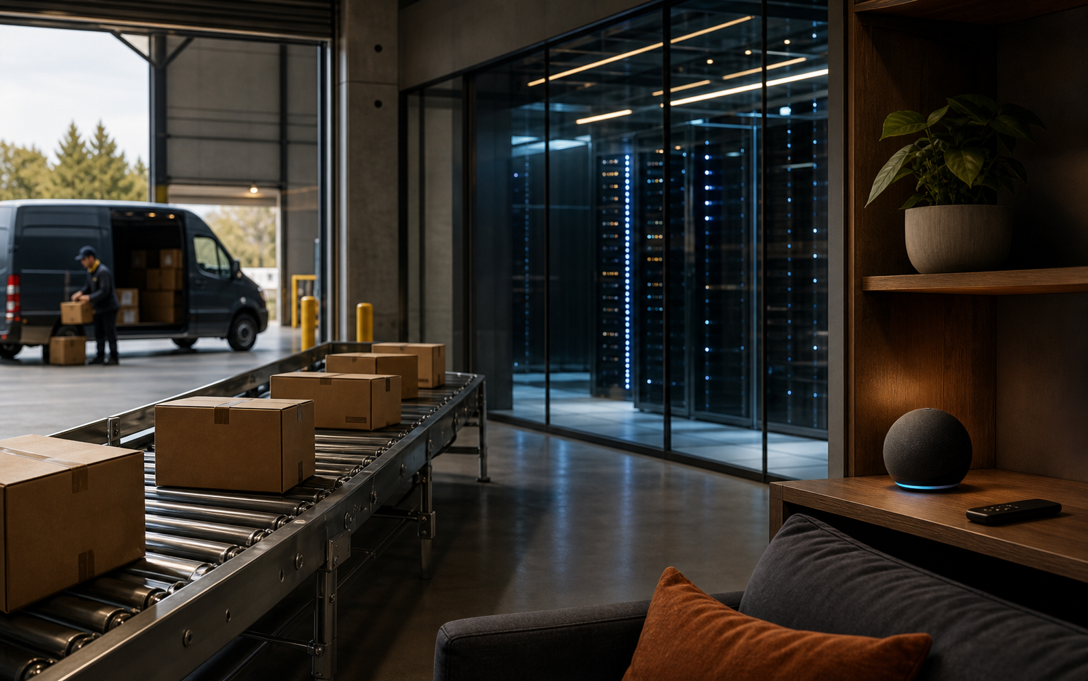 Amazon system scene with parcels, delivery, server infrastructure, and home device cues.