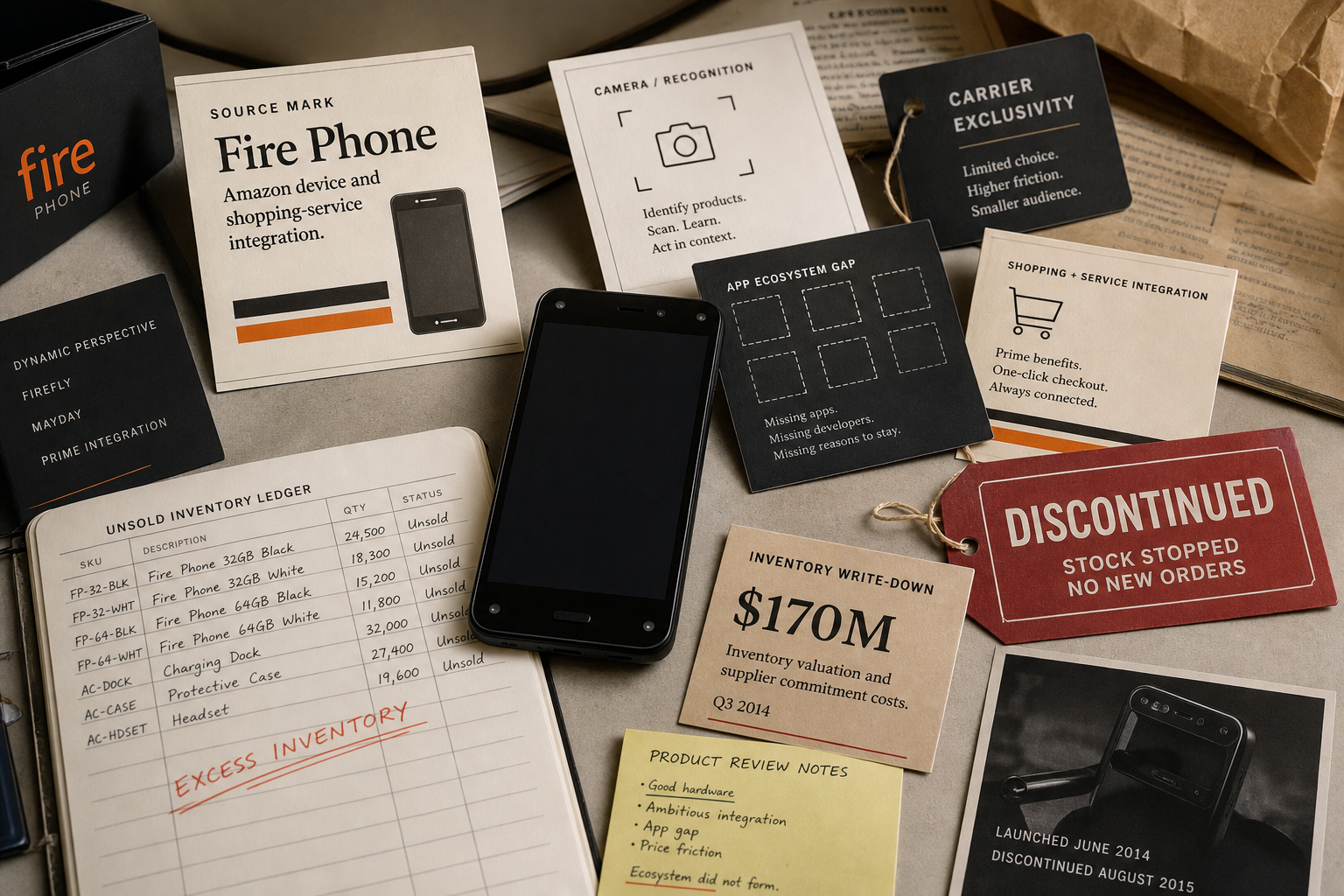 Premium editorial archive still-life of an Amazon Fire Phone failure case with smartphone mockup, app ecosystem gap card, camera recognition card, carrier exclusivity tag, unsold inventory ledger, write-down card, and discontinued stock tag
